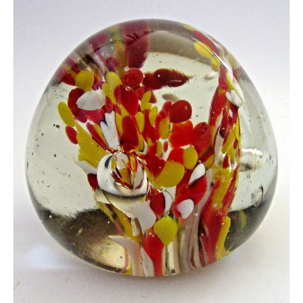 Art Glass Paperweight Dome/Egg Shape Clear & Red/Yellow with Controlled Bubbles